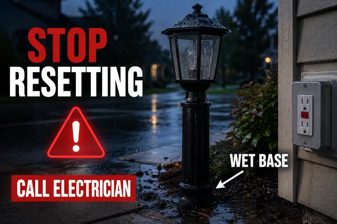 Wet outdoor post light base with stop resetting warning showing repeated GFCI trips after rain as a reason to call an electrician.