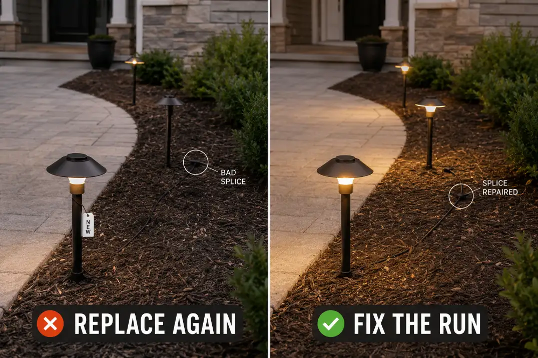 Comparison of replacing a path light again versus fixing the wet splice and cable run that caused the repeated failure.