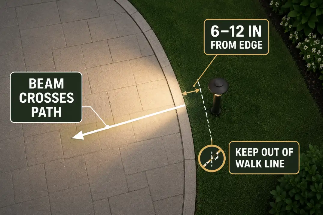 Diagram showing a path light placed 6 to 12 inches from the walkway edge with the beam crossing the walking surface.