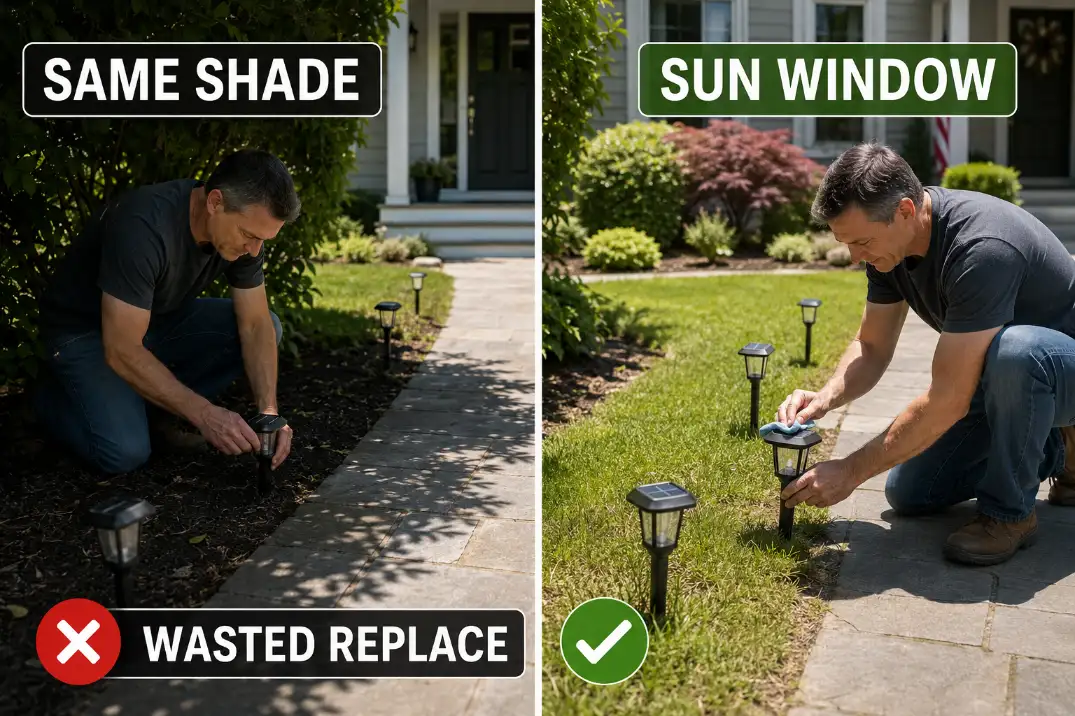 Comparison showing why replacing a dim solar path light in the same shaded spot wastes the fix, while moving it into better sun improves output.