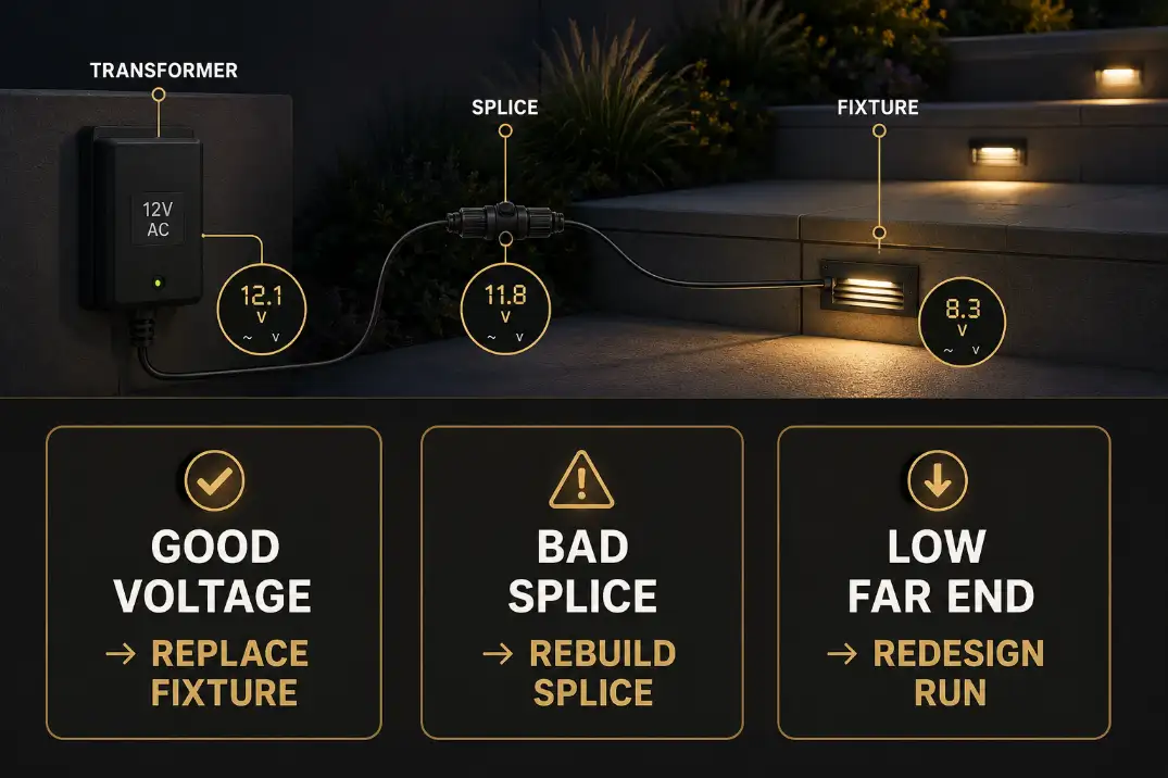 Low voltage step light decision diagram showing when to replace the fixture, rebuild the splice, or redesign the run.