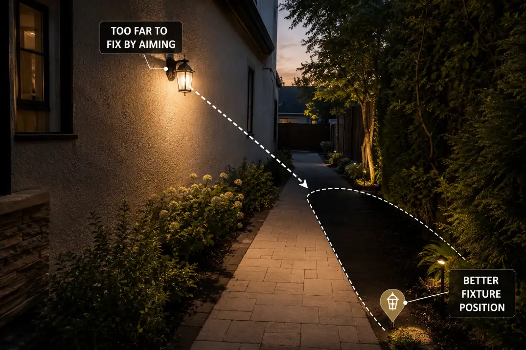 Outdoor wall light too far from a side yard walkway with premium overlay showing the dark target area and better fixture placement.