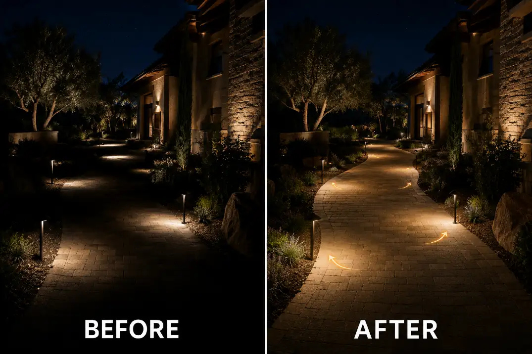 Premium before and after visual showing outdoor walkway bright spots corrected with better beam spread and fixture spacing.