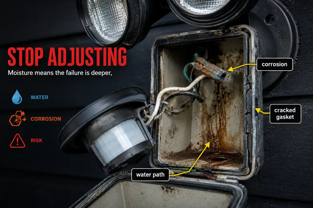 Premium diagnostic visual showing corrosion, cracked gasket, and moisture damage inside an outdoor motion sensor light as signs replacement may be needed