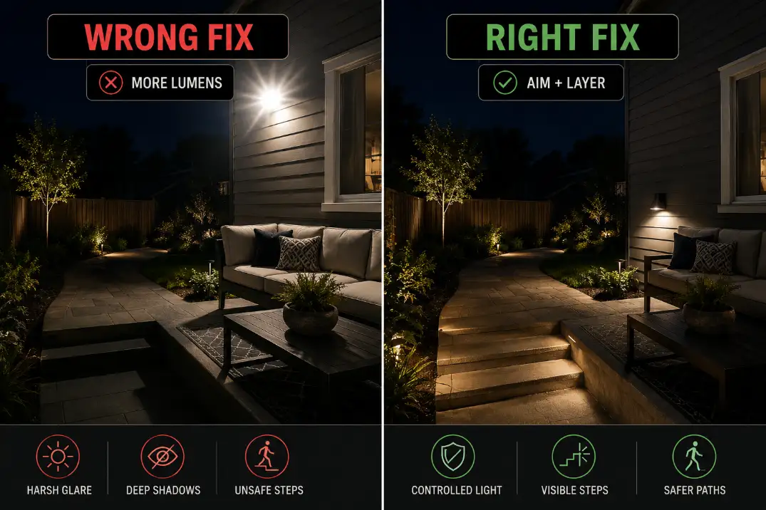 Comparison of wrong backyard lighting fix with more glare versus right fix using aimed and layered lights on steps and paths