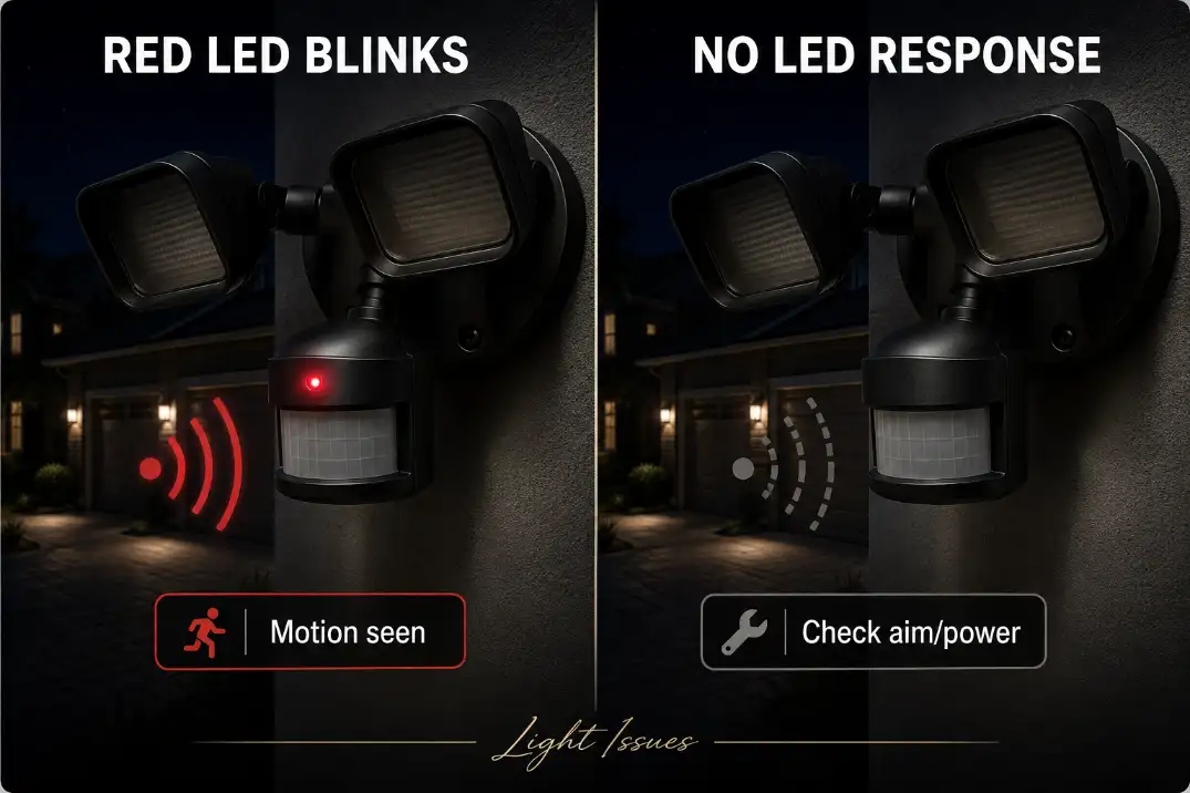 Comparison visual showing red sensor light blinking with floodlights off versus no sensor response on an outdoor security light.