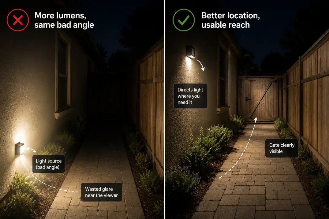 Comparison showing that adding more lumens from a bad angle leaves a gate dark while better fixture placement creates usable reach.