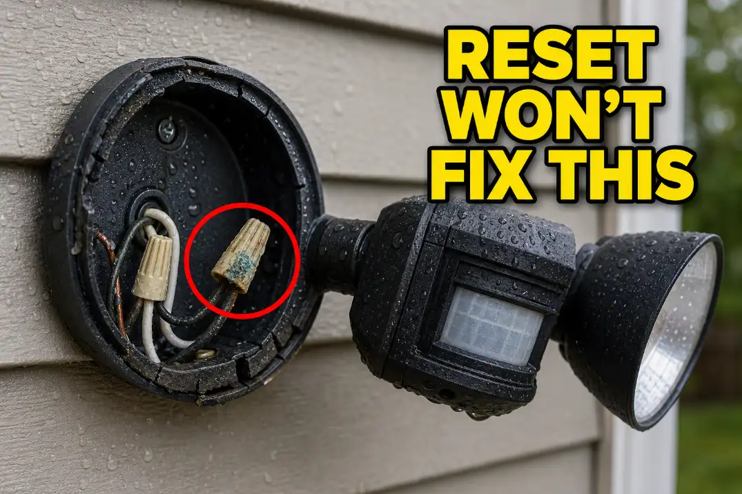 Outdoor motion sensor light with moisture and corroded wiring showing why reset will not fix water damage