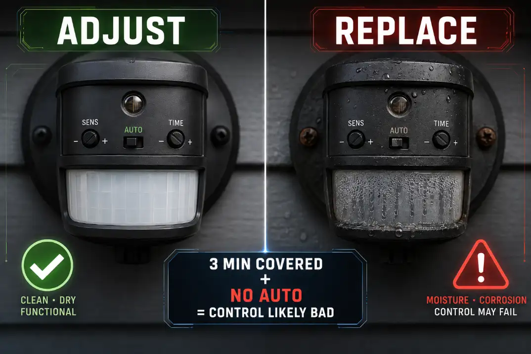 Comparison visual showing when to adjust an outdoor security light sensor and when moisture or failed control suggests replacement.