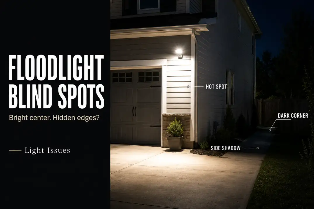 Wall-mounted floodlight creating a bright garage hot spot while a nearby gate and side walkway remain hidden in dark blind spots.
