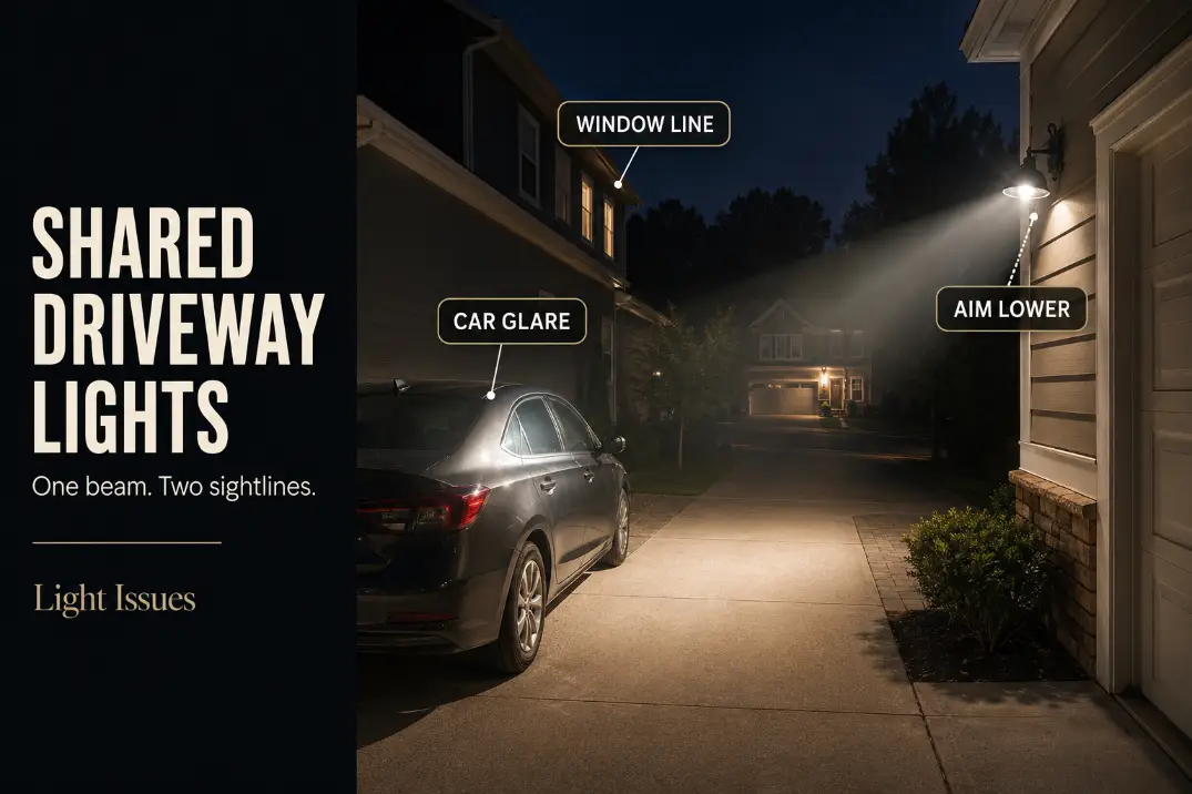 Shared driveway at night showing a wall light causing car glare and window-line spill toward the neighboring side.