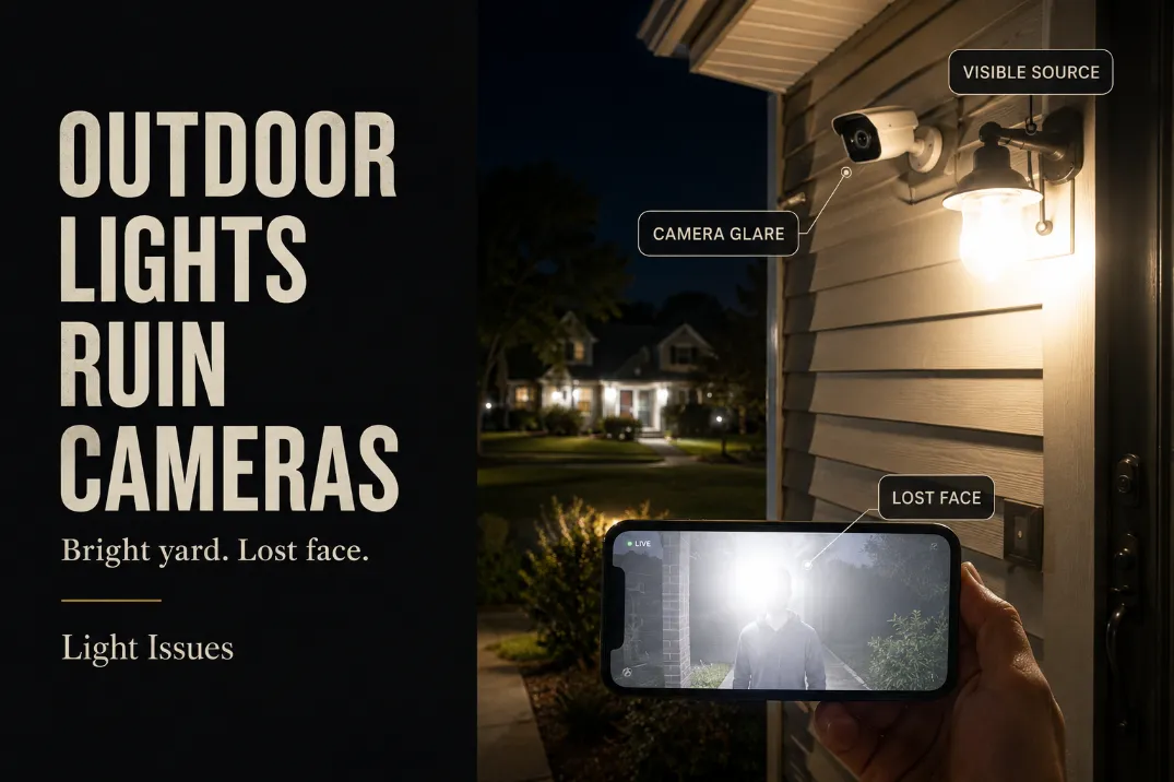 Outdoor security camera near a bright wall light causing glare and lost face detail in nighttime footage.
