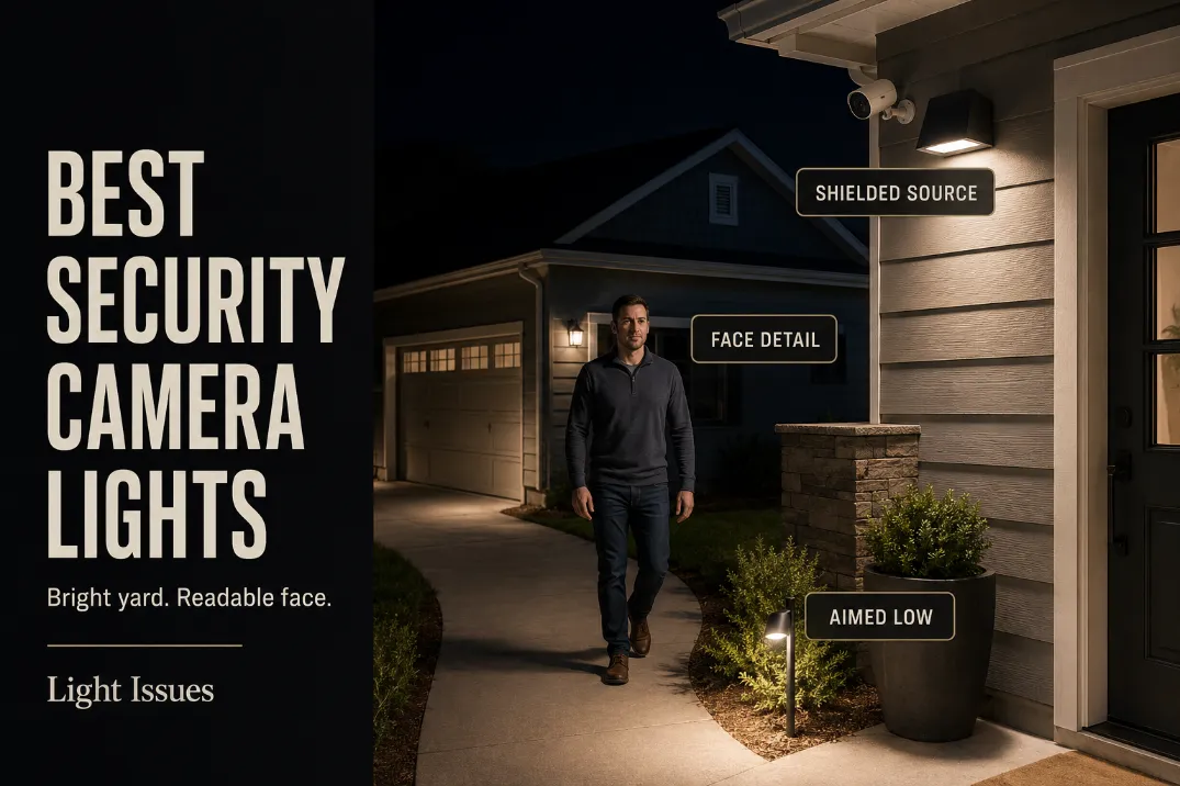 Outdoor security camera with shielded porch and driveway lights aimed low to keep face detail readable without glare.