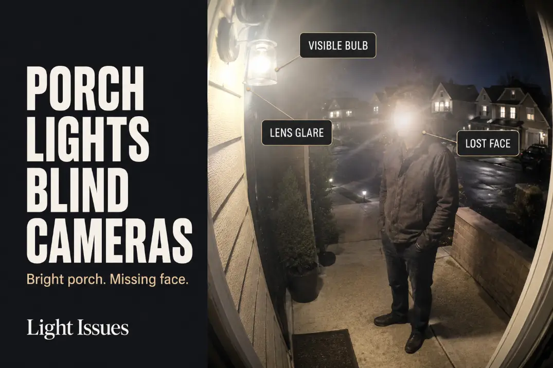Doorbell camera beside a bright porch light causing lens glare and washed-out face detail at a suburban front entry.