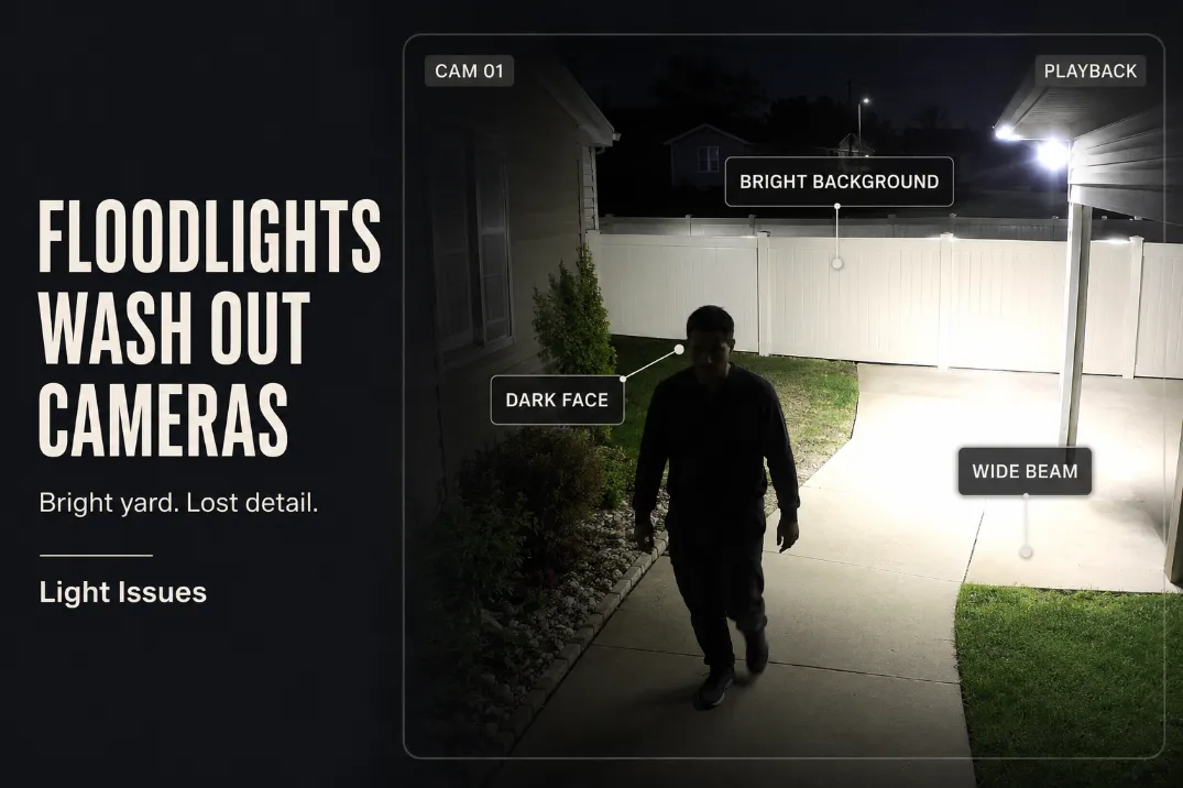 Security camera view of a backyard floodlight washing out the bright background while a person appears as a dark silhouette.
