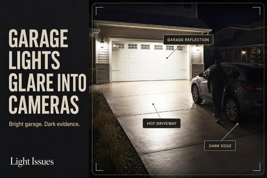 Garage lights reflecting off a pale garage door and driveway, causing glare and dark side edges in a security camera view.