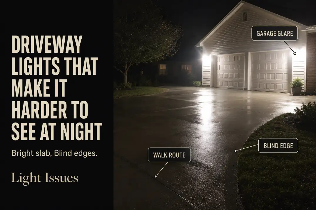 Bright garage-mounted driveway lights reflecting off a pale garage door and damp concrete while the driveway edge and walking route stay hard to see.
