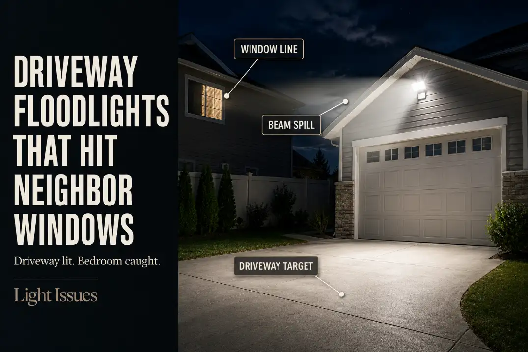Garage-mounted driveway floodlights spilling across the property line toward a neighbor bedroom window instead of staying on the driveway.