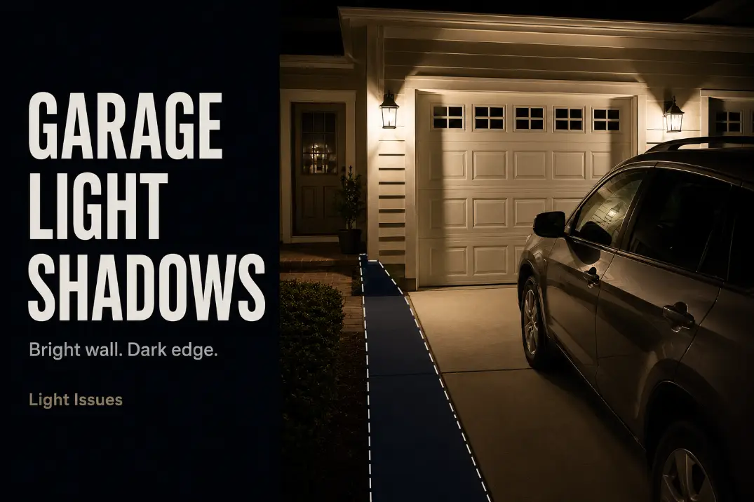 Garage lights making the garage wall bright while leaving the car-to-door walking edge in harsh shadow at night.