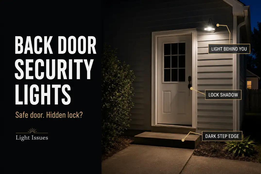 Back door security light creating a dark shadow over the lock and step edge because the light is mounted behind the approach path.