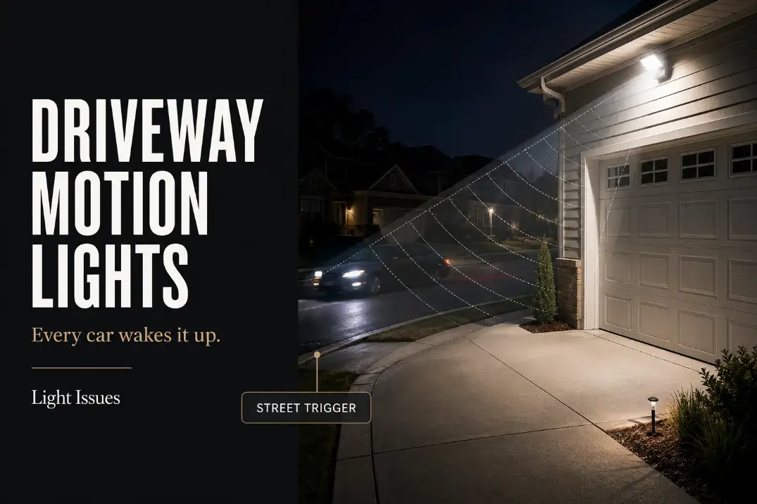 Driveway motion light turning on as a passing street car crosses an overly wide sensor zone.