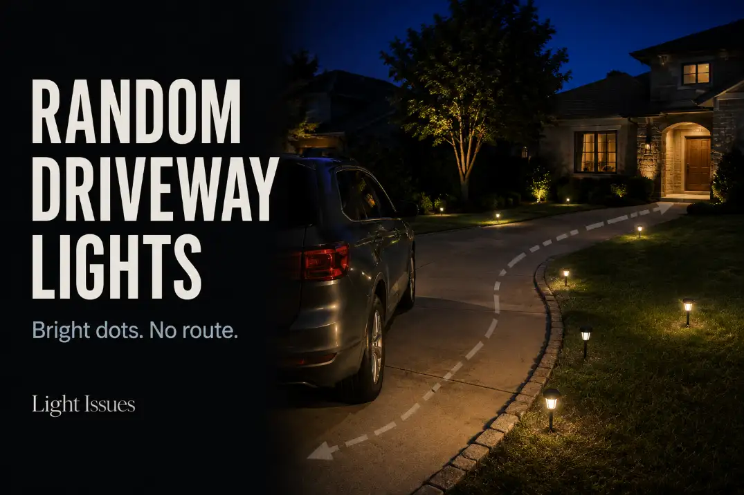 Driveway path lights scattered along the edge with no clear walking route from a parked car to the front walkway.