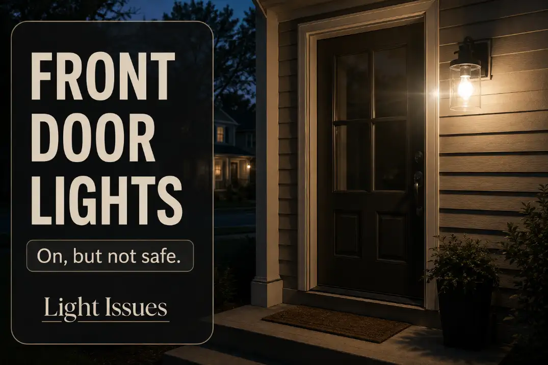 Front door light turned on at night with dark threshold, face glare, weak lock visibility, and step shadow marked as unsafe entry zones.