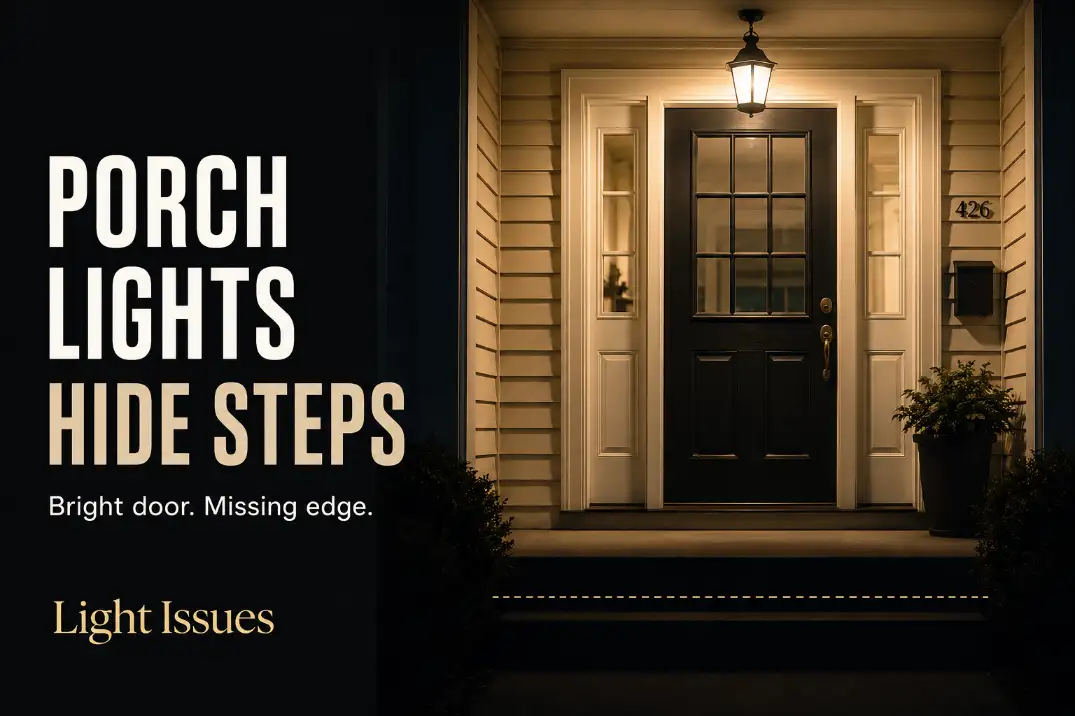 Porch light above a front door makes the entry look bright while the step edge below remains hard to see.