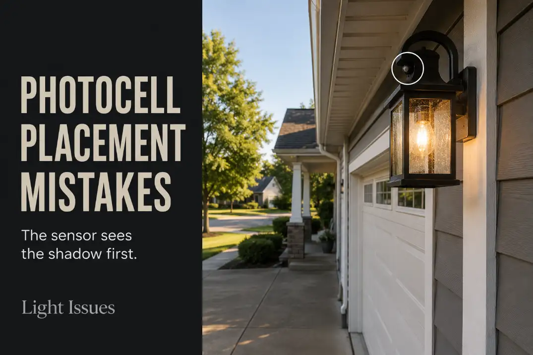 Outdoor photocell light turning on too early because the sensor is placed in shade while the driveway is still bright.