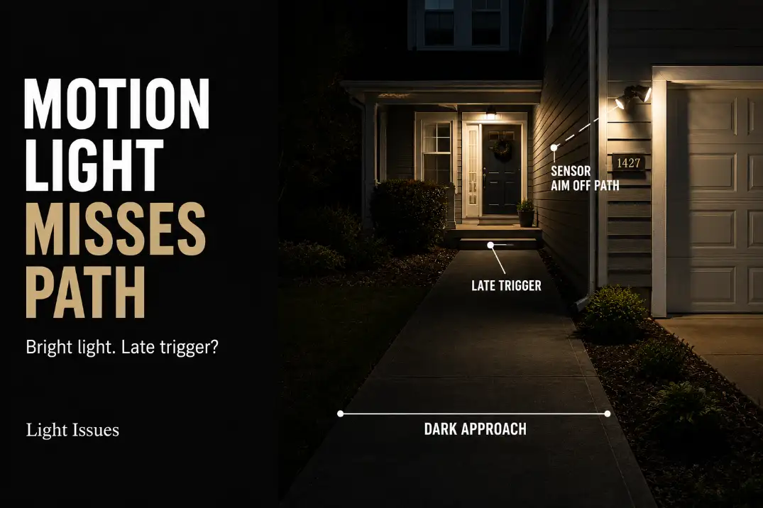 Motion security light missing the front walk path and turning on late near the door instead of lighting the dark approach.