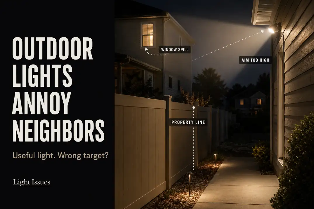 Outdoor wall light aimed too high and spilling across a property line toward a neighbor-facing window.