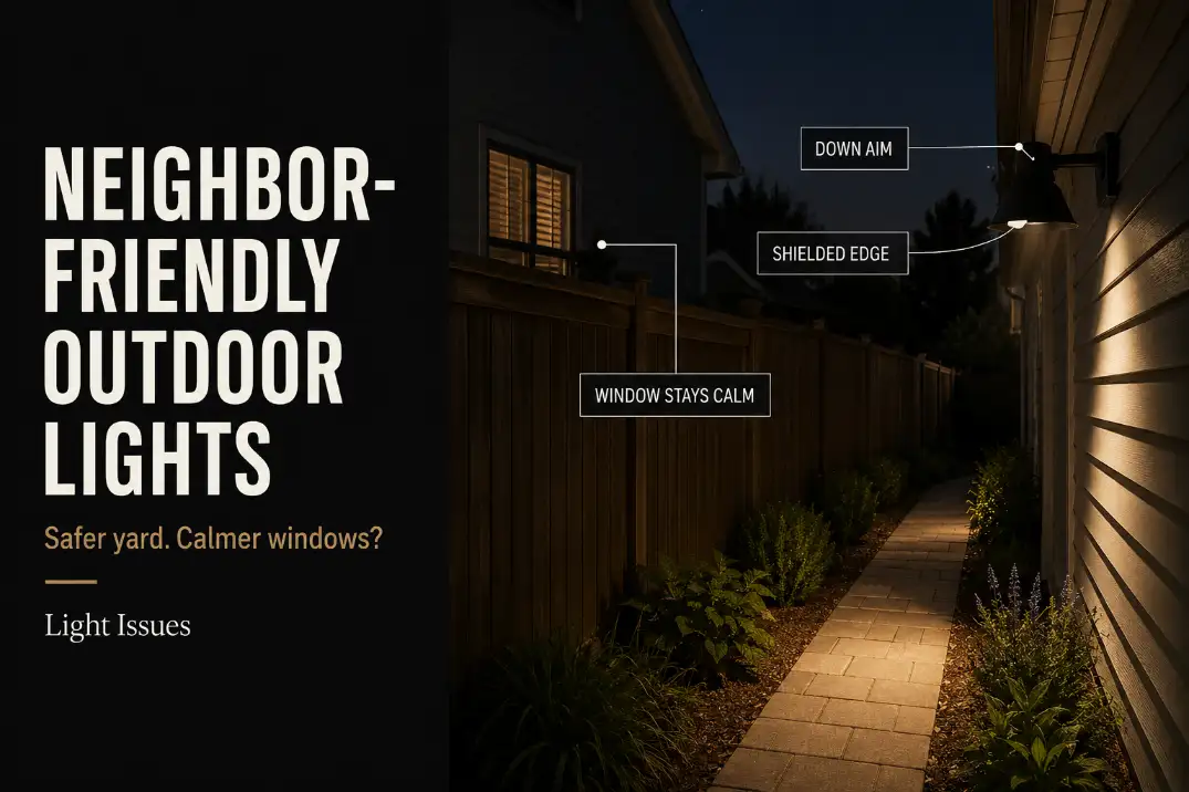 Shielded outdoor wall light aimed down on a walkway with less spill toward a neighbor-facing window.