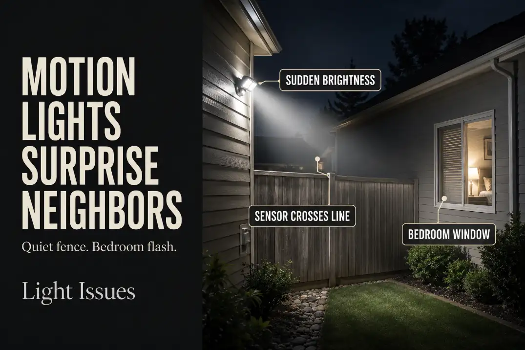 Motion sensor security light suddenly turning on near a shared fence and flashing toward a neighbor bedroom window at night.