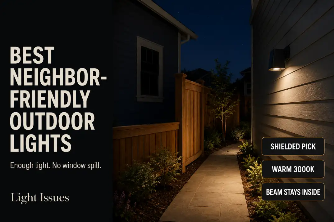 Shielded warm outdoor wall light keeping the beam inside a yard near a shared fence without spilling into a neighbor window.
