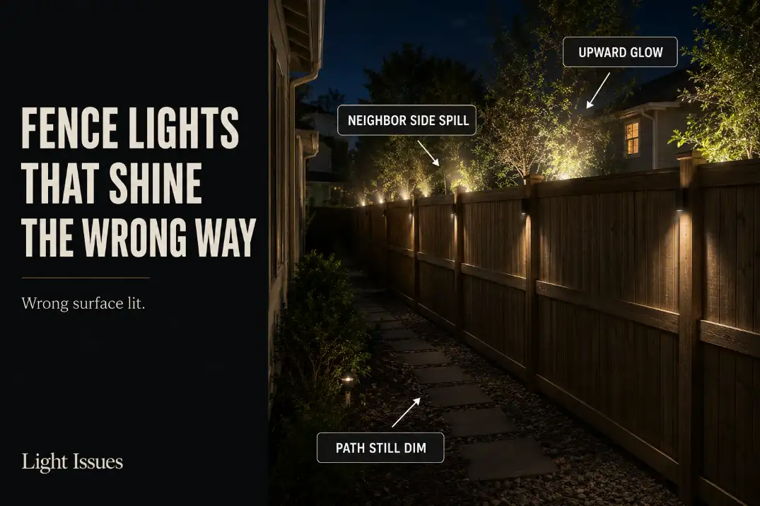 Fence lights shining upward and toward the neighbor side while the backyard path remains dim.