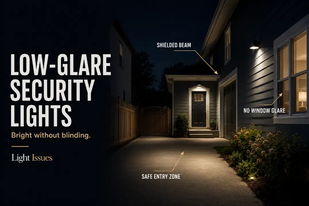 Low-glare outdoor security lights aimed downward over a driveway and side entry without shining into windows.