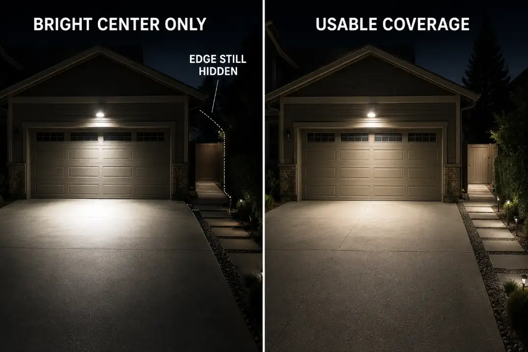 Comparison of a floodlight with a bright driveway hot spot hiding the side gate versus smoother coverage that reveals the walkway edge.