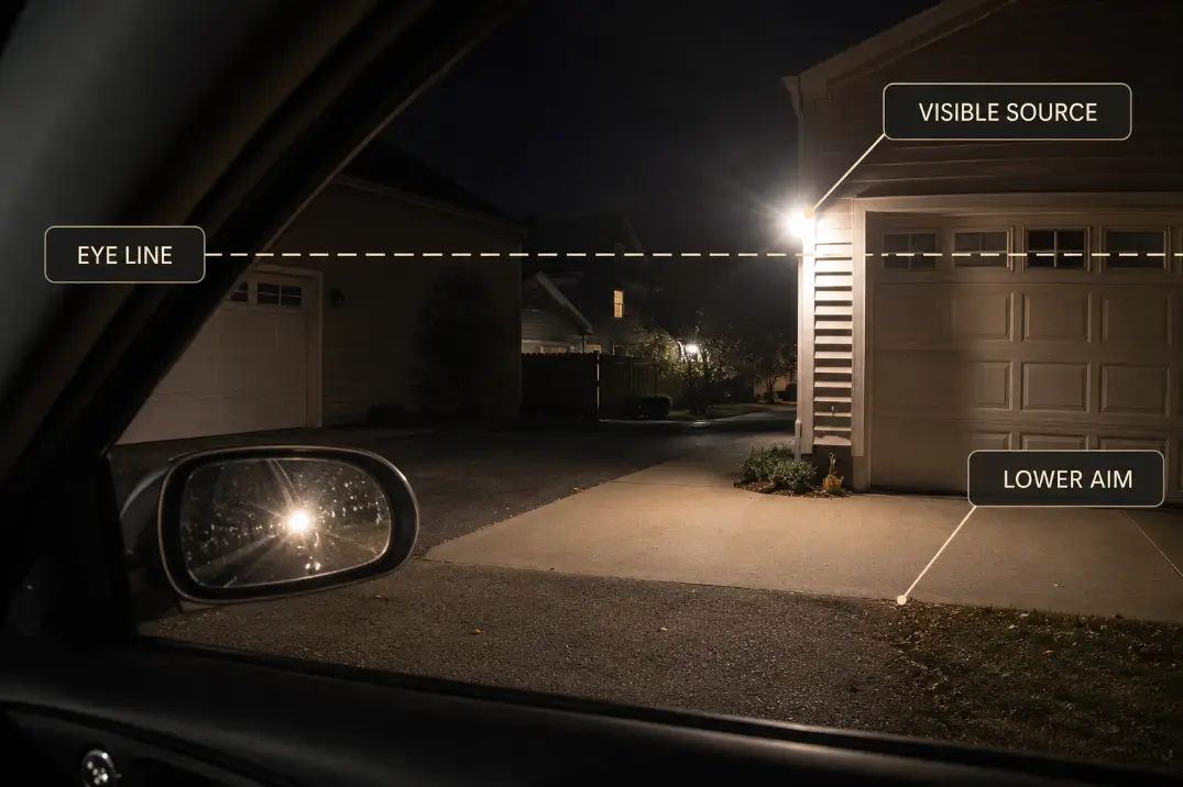 Driver-seat view of a shared driveway light showing the exposed source crossing the car eye line.