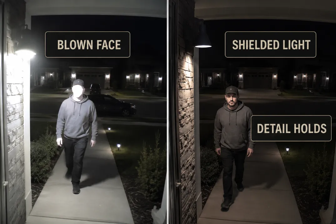 Security camera footage comparison showing blown-out face detail from an exposed porch light versus readable detail with shielded lighting.