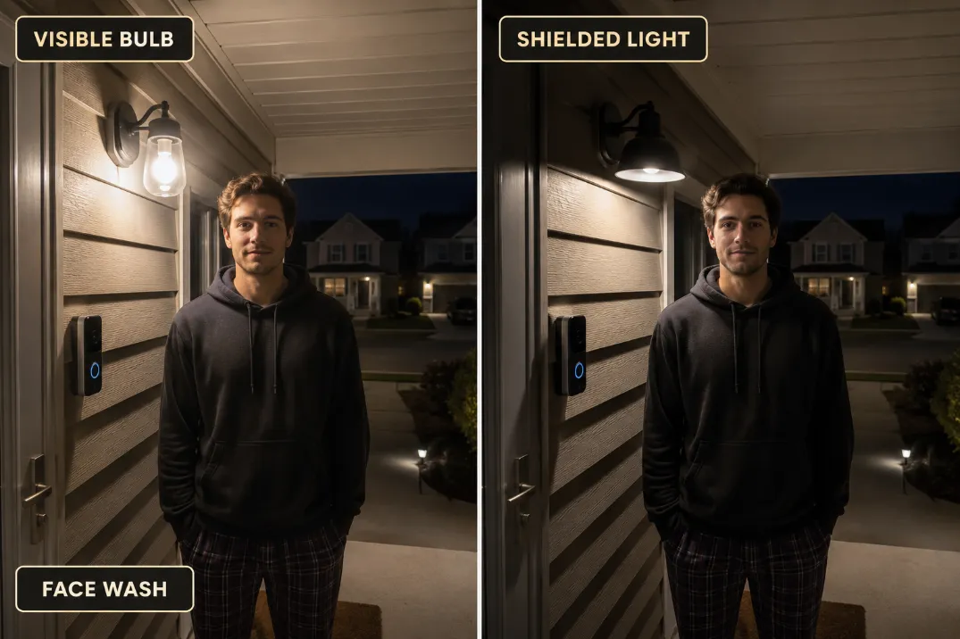 Doorbell camera comparison showing an exposed porch bulb causing mild face wash versus a shielded light keeping face detail readable.