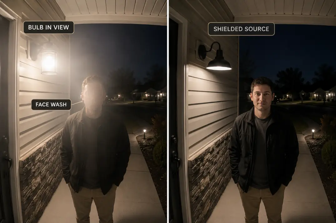 Comparison of a porch light bulb visible in a doorbell camera view causing face wash versus a shielded source keeping face detail readable.