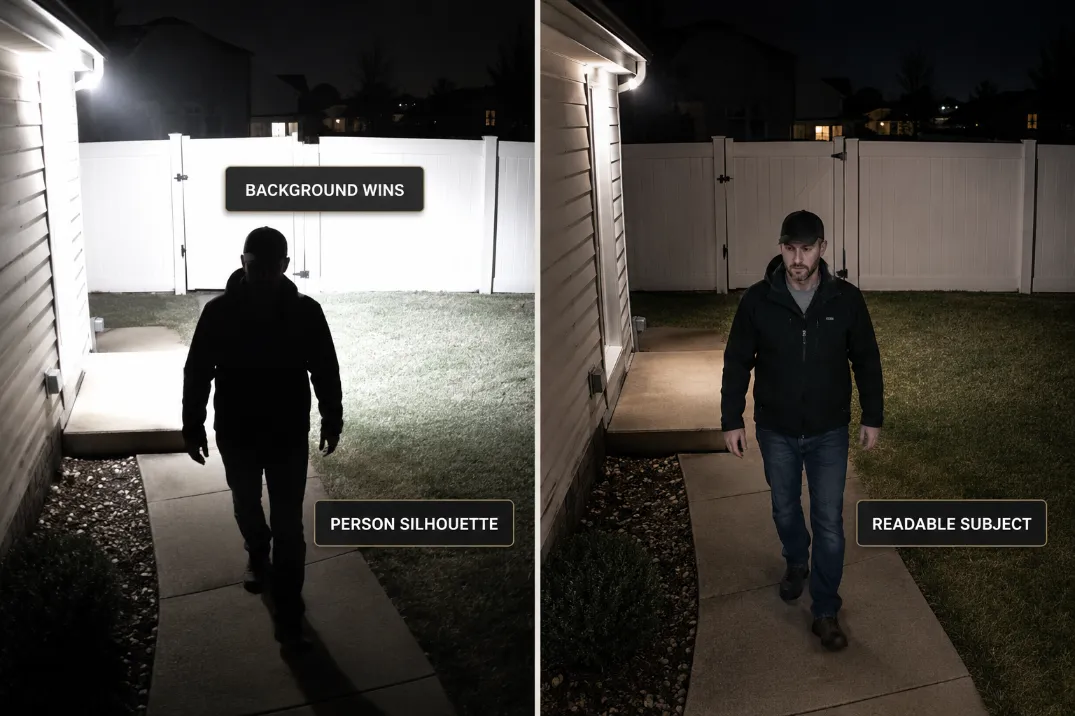 Comparison of floodlight camera footage showing a bright background silhouette problem versus a readable person after lower light aim.