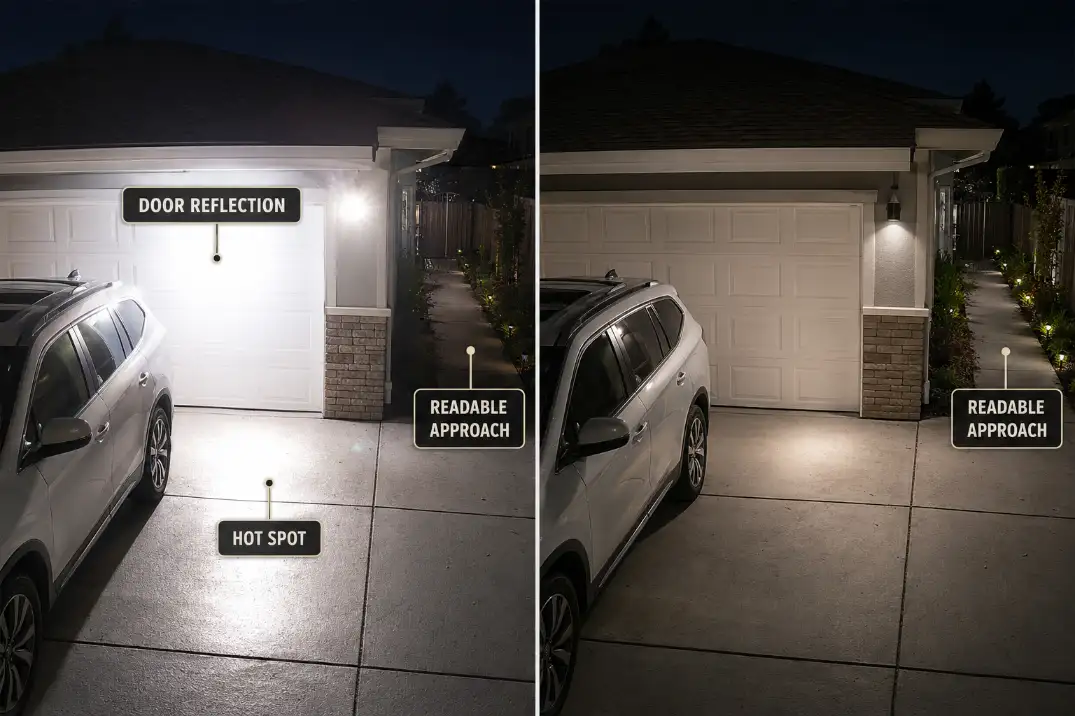 Comparison of garage lights causing door reflection and driveway glare versus shielded lights keeping the approach readable.