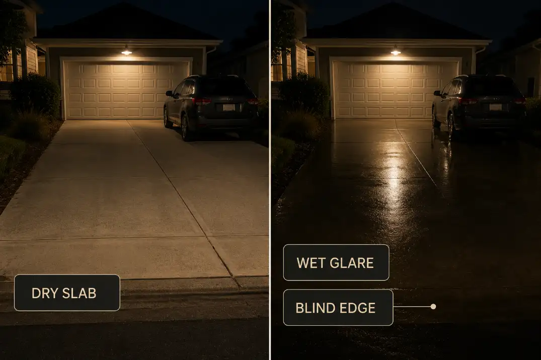 Comparison of a dry driveway edge that remains readable and a wet concrete driveway reflecting garage light with a blind edge.