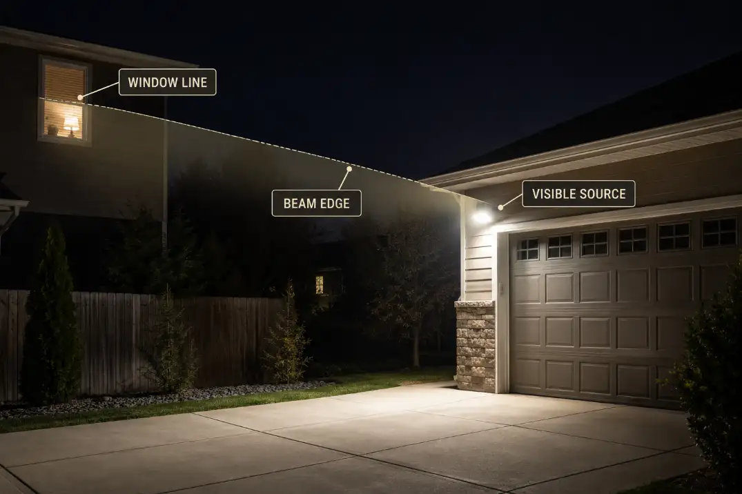 Driveway floodlight beam and visible fixture face crossing the neighbor window line from the side property view.