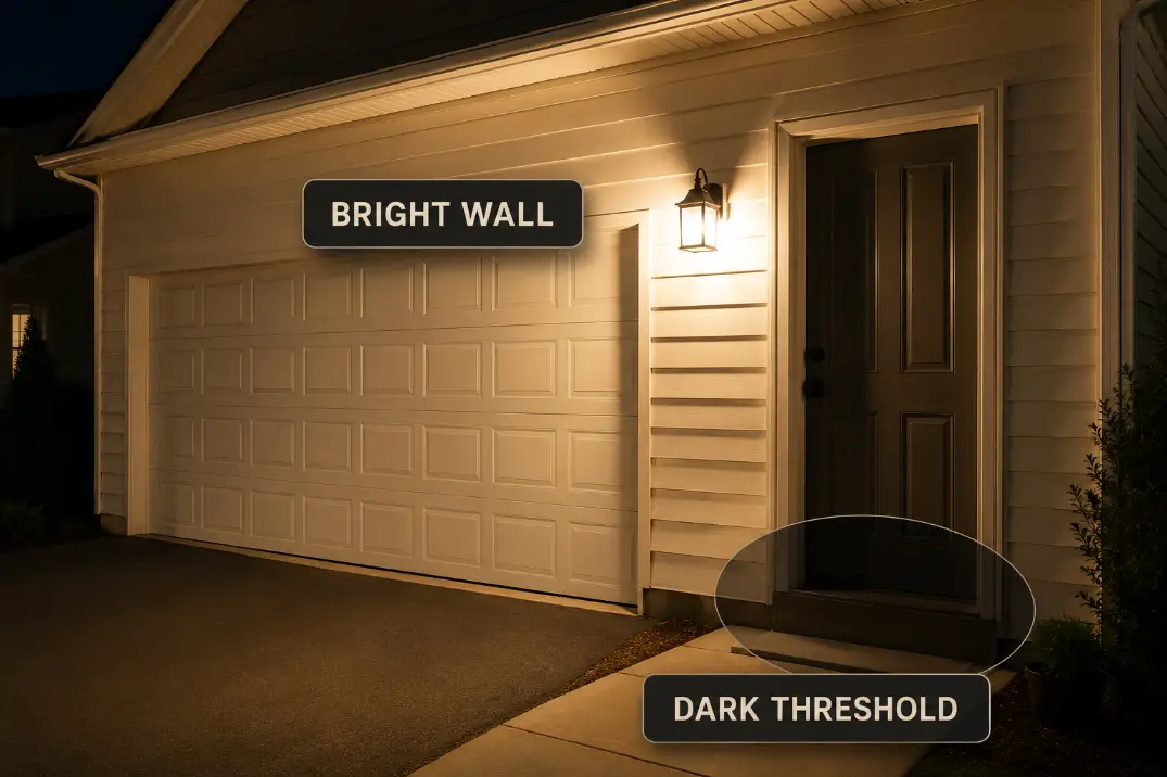 Garage wall light brightening the garage face while leaving the side doorway threshold in shadow.