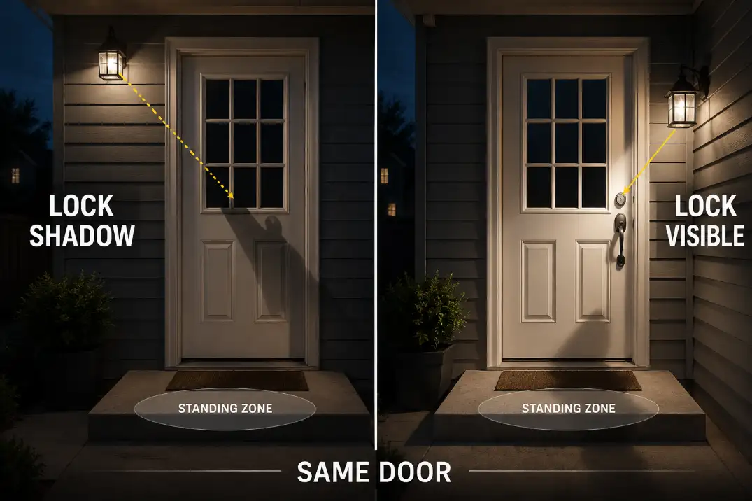 Comparison of a back door security light hiding the lock in shadow versus a side-lit door where the lock remains visible.
