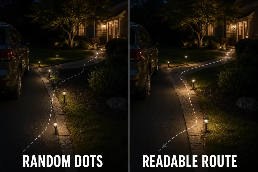 Comparison of random driveway path light dots versus a readable light route at the walkway turn.