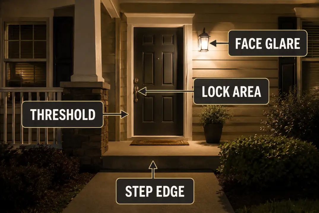 Front porch lighting diagnostic map showing threshold, face glare, lock area, and step edge zones at night.
