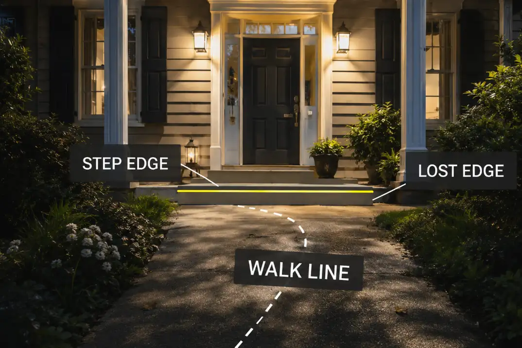 Front porch at night showing the step edge as the important visibility target instead of the bright door.